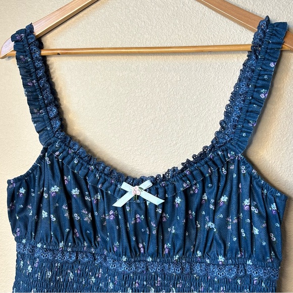 For Love And Lemons Lola Pointelle Dress Blue Floral - Picture 5 of 7